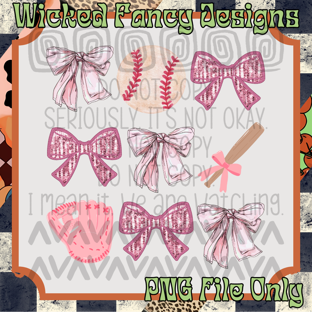 Baseball Pink Bow Grid; PNG DIGITAL FILE ONLY