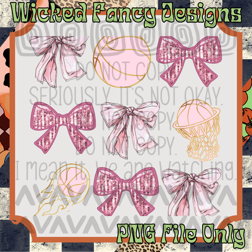 Basketball Pink Bow Grid; PNG DIGITAL FILE ONLY