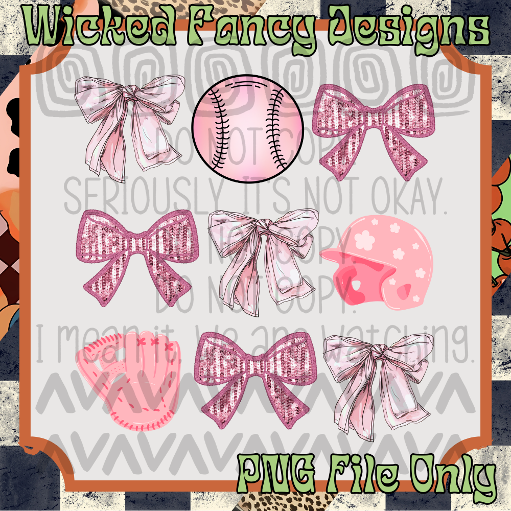 Softball Pink Bow Grid; PNG DIGITAL FILE ONLY