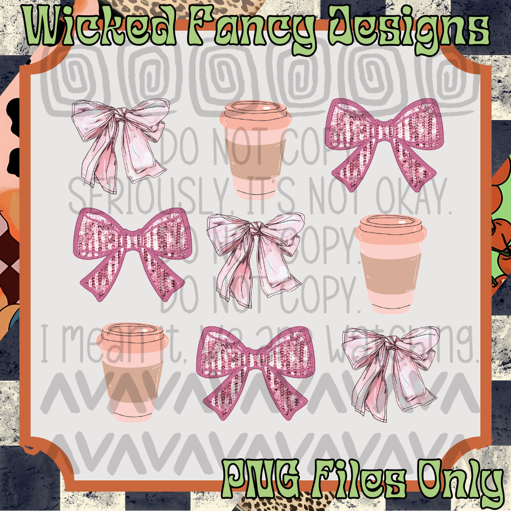 Coffee Pink Bow Grid; PNG DIGITAL FILE ONLY