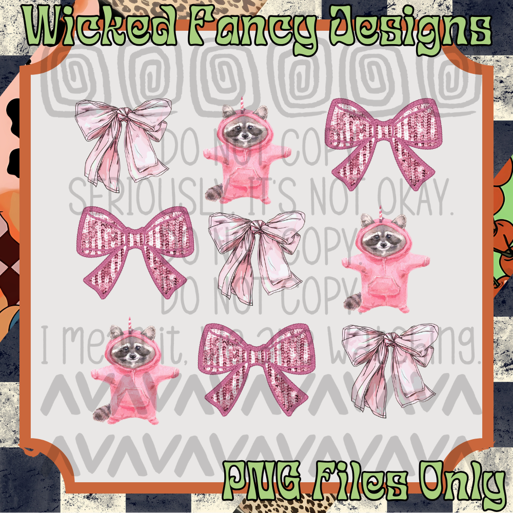 Raccoon Pink Bow Grid; PNG DIGITAL FILE ONLY