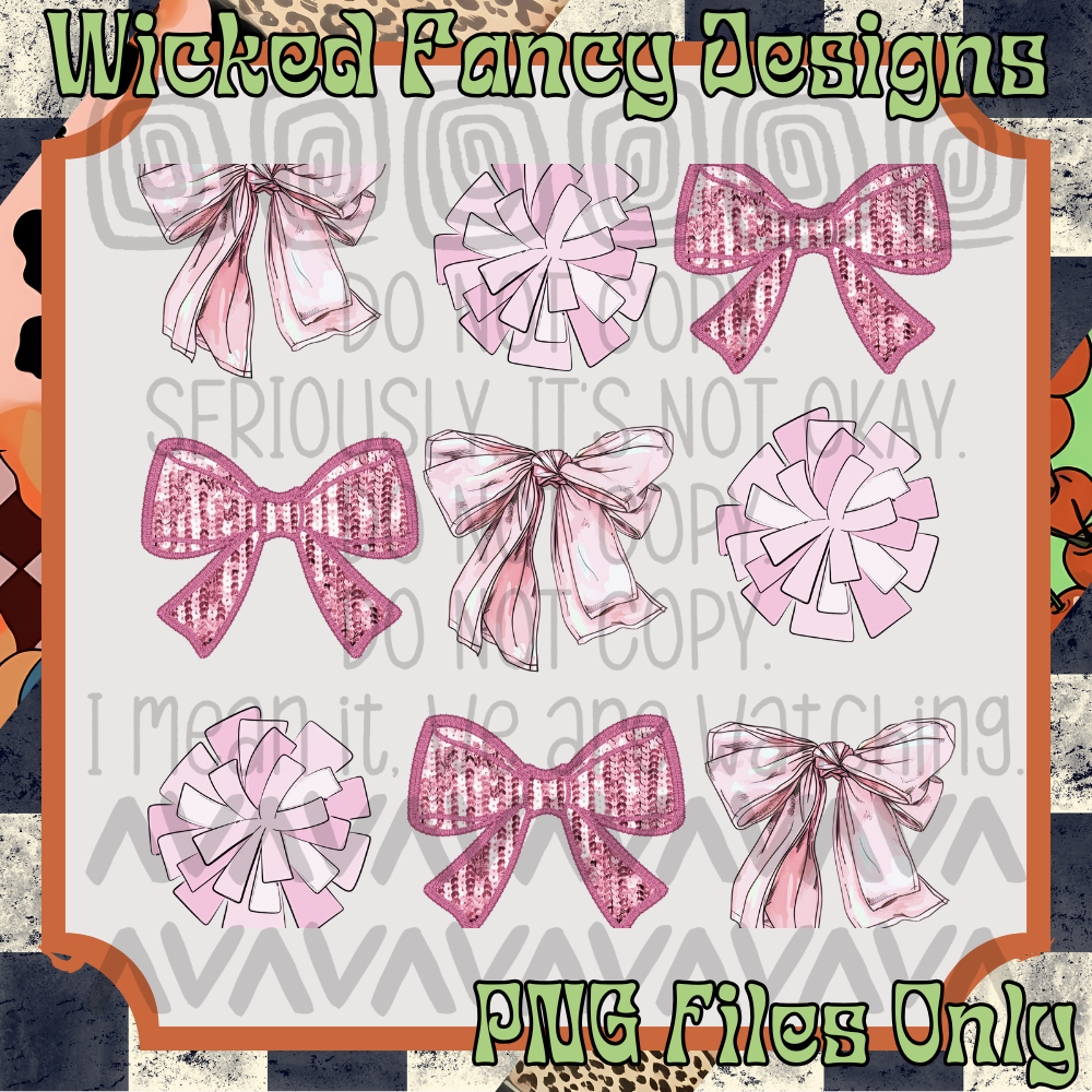 Cheer- Poms Pink Bow Grid; PNG DIGITAL FILE ONLY